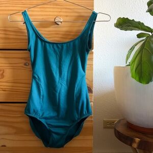 Microfiber teal twist back, princess seam teal leotard - small